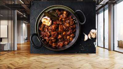 Sauteed meat and mushrooms with onion and thyme in frying pan, beef bourguignon Wall mural