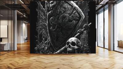 A warrior with a shield and ax, a skull at their feet, stands in a dark and ominous landscape. Wall mural