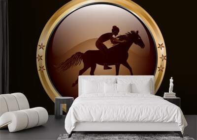 Round, chrome, gold icon - Woman on a galloping horse - isolated on black background - vector art illustration. Wall mural