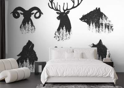 Abstract forest animals head set Wall mural