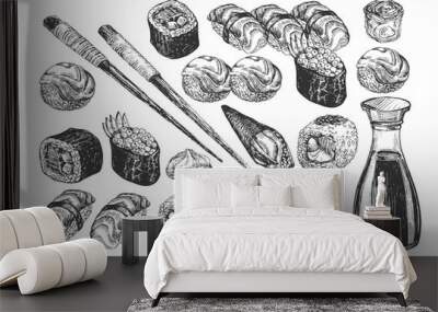 Japanese sushi and rolls food set Wall mural