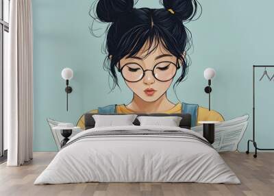 A cute girl with glasses is reading, in a flat illustration style with simple strokes, a cartoon character design on a simple background with simple lines and shapes Wall mural