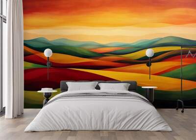 Abstract landscape of rolling hills and mountains at sunset, with vibrant colors and geometric shapes representing the different layers of farmland Wall mural