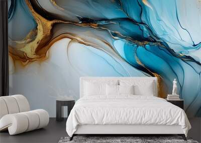 An abstract watercolor painting of flowing liquid gold and silver, in light blue and dark gray tones with hints of copper on a white background Wall mural