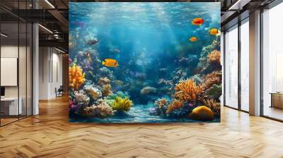 Beautiful, colorful coral reef fish swimming in the ocean, with vibrant colors and stunning corals on both sides of an aquarium tank Wall mural