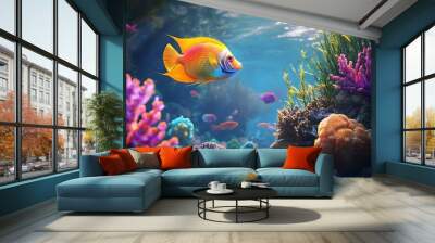 Beautiful, colorful coral reef fish swimming in the ocean, with vibrant colors and stunning corals on both sides of an aquarium tank Wall mural