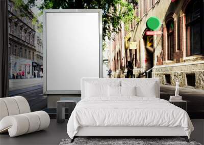 blank digital ad panel. billboard display. empty white lightbox sign at busstop. mockup template. city transit station. urban street setting. outdoor advertising. Wall mural