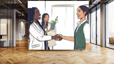 Doodle style of two women shaking hands in an office setting, one woman is white and the other black with long hair tied back wearing professional attire. They stand next to eachother smiling Wall mural