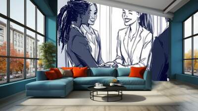 Doodle style of two women shaking hands in an office setting, one woman is white and the other black with long hair tied back wearing professional attire. They stand next to eachother smiling Wall mural