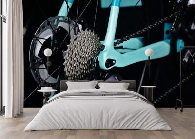 isolated bicycle rear wheel closeup view. gearshift, gearwheel and black spokes. mechanical design and fine engineering. high end racing bike detail. metal frame. sport and recreation. dark background Wall mural