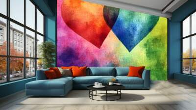 Two hearts on a watercolor background with rainbow colors. Love concept for Valentine's Day, weddings, or other events. Wall mural