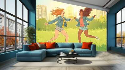 Two women playing tag in the park, laughing and having fun together on an empty green field with buildings behind them, doodle style Wall mural