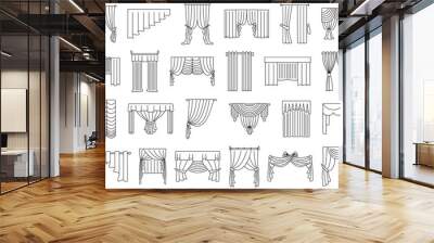 Curtains for window, doorway, theater stage. Set of vector icons in outline style isolated on white. Various curtain options for narrow and wide windows. Wall mural