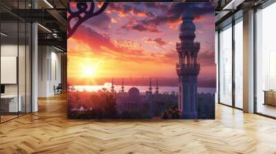 Beautiful mosque minaret at sunset for Eid celebration poster. Wall mural