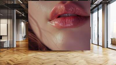 Close up beauty shot of female full lips with healthy skin and rose color lips Wall mural