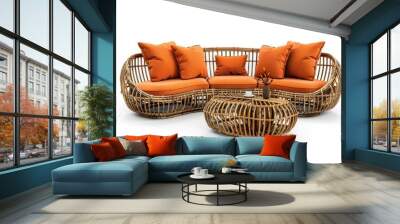 Complete set of rattan furniture with orange pillows isolated on white background and clipping path Wall mural