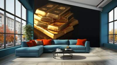 Gold Bars on black background  business concept Wall mural