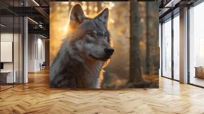 Grey Wolf Portrait   captive animal Magical forest dawn Wall mural