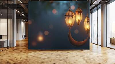 Islamic luxury background with lantern and crescent moon decorations. Wall mural