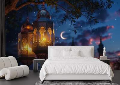 Ramadan greeting with lantern  mosque  moon  stars. Eid celebration. Wall mural