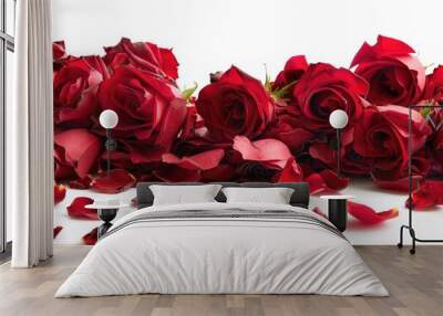 Red roses and rose petals isolated on white. Wall mural