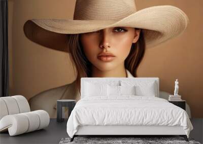 Stylish woman in beige clothes and panama hat. Wall mural