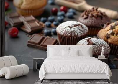 Variety of homemade muffins with chocolate and berries. Wall mural