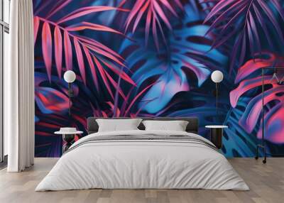 Vibrant palm leaves in holographic colors  minimal surreal concept. Wall mural