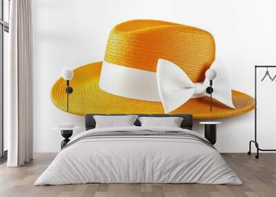 Vintage yellow straw hat with white ribbon on white background. Wall mural