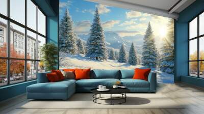 Winter snow covered fir trees on mountainside on blue sky with sun shine background  Winter Wall mural