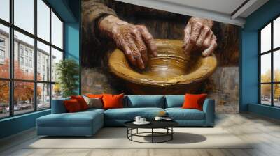 Hand of an old woman holding a clay bowl in a pottery workshop close-up oil painting Wall mural