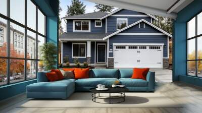 A beautiful modern two-story house with a white garage door, stone accents, and a lush green lawn. Wall mural