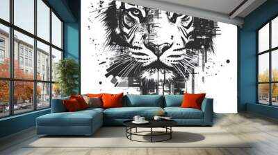 A black and white illustration of a tiger's head with a digital cityscape behind it. Wall mural