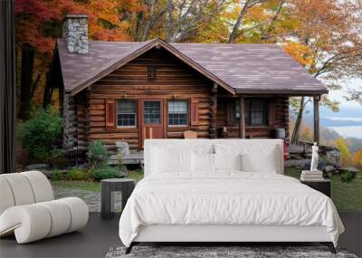 A charming log cabin with a stone chimney and a porch overlooking a misty lake with autumn foliage in the background. Wall mural