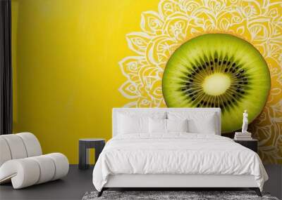 A close-up of a sliced kiwi fruit against a vibrant yellow background adorned with a white floral pattern. Wall mural