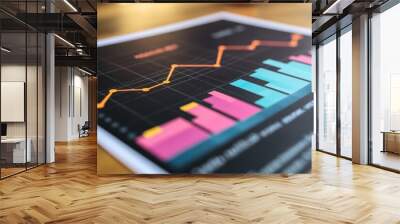 A close-up shot of a printed graph showing an upward trend with a line graph and bar graph in pink, orange, and blue. Wall mural