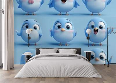 A collection of cute blue cartoon birds displaying various emotions and expressions. Wall mural