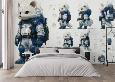 A cute, anthropomorphic character resembling a fox in a space suit with various design sketches. Wall mural