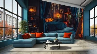 A dark bedroom decorated for Halloween with a blue velvet bed, a cobweb canopy, pumpkins, and candles. Wall mural