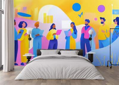 A diverse group of people engaged in discussion and collaboration in a vibrant, abstract setting. Wall mural