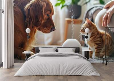 A dog and cat sit on the carpet next to a humidifier while a human sits in the background. Wall mural