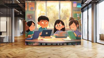 A group of children collaborating on laptops in a bright, cheerful classroom. Wall mural