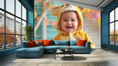 A happy baby in a yellow animal costume with big ears smiles and looks at the camera. Wall mural