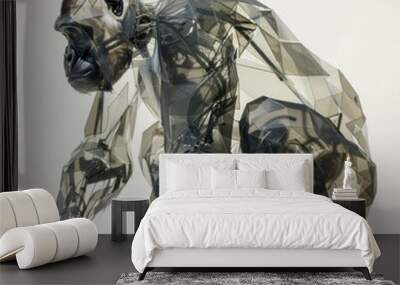 A robotic gorilla with a transparent, polygonal body in a crouched position, isolated on a white background. Wall mural