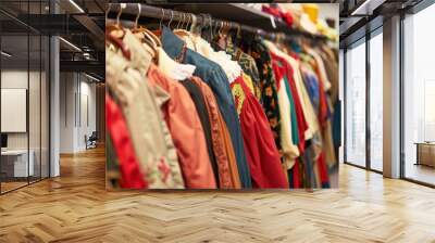 A row of colorful garments hanging on a rack with wooden hangers in a clothing store. Wall mural