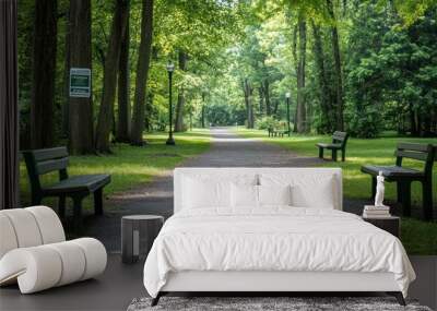 A serene park pathway lined with benches and trees, inviting relaxation and leisure. Wall mural