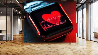 A smartwatch displaying a heart rate monitor with a heart symbol. Wall mural