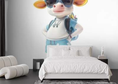 A stylish cartoon cow character wearing sunglasses and casual attire with a backpack. Wall mural