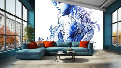 A stylized blue illustration of a woman surrounded by floral patterns. Wall mural