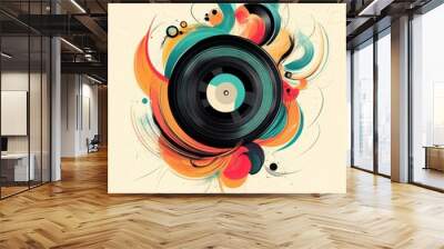 A vibrant abstract design featuring a vinyl record surrounded by colorful swirls and shapes. Wall mural